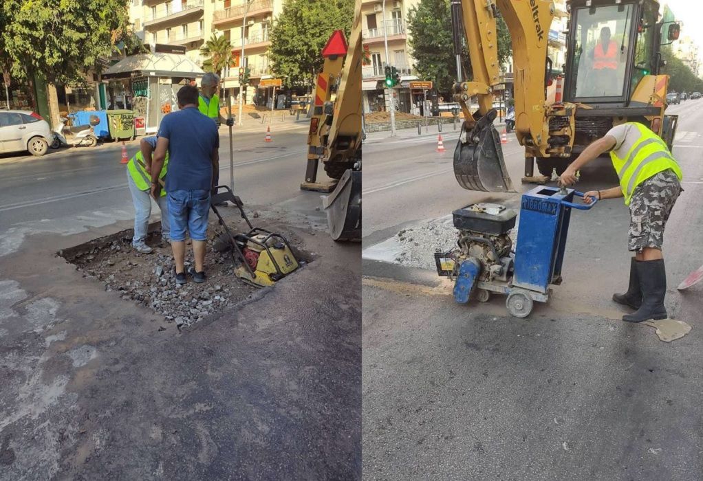 Θεσσαλονίκη: Συνεργεία του Δήμου έκλεισαν την τρύπα που είχε ανοίξει στην οδό Εγνατία (ΦΩΤΟ)
