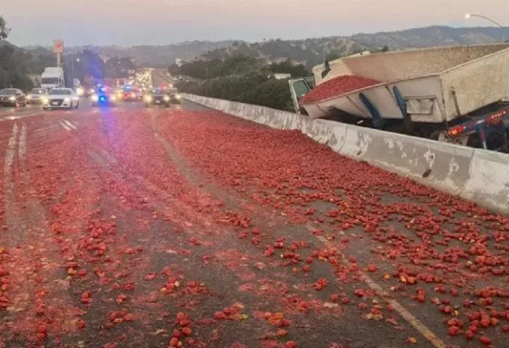 Καλιφόρνια: Χιλιάδες ντομάτες χύθηκαν σε εθνική οδό προκαλώντας κυκλοφοριακό χάος