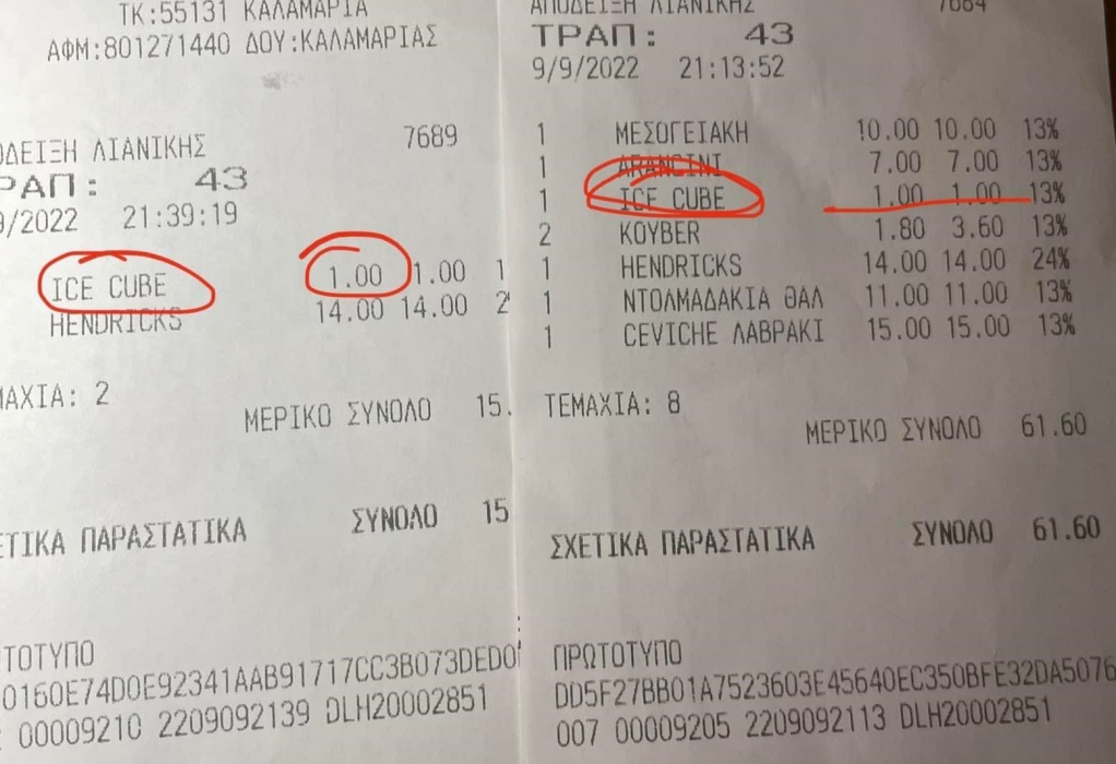 Θεσσαλονίκη: Χρεώνουν ακόμη κι ένα κομμάτι πάγου… σε bar-restaurant της πόλης – Πόσο το πληρώνεις (ΦΩΤΟ) 