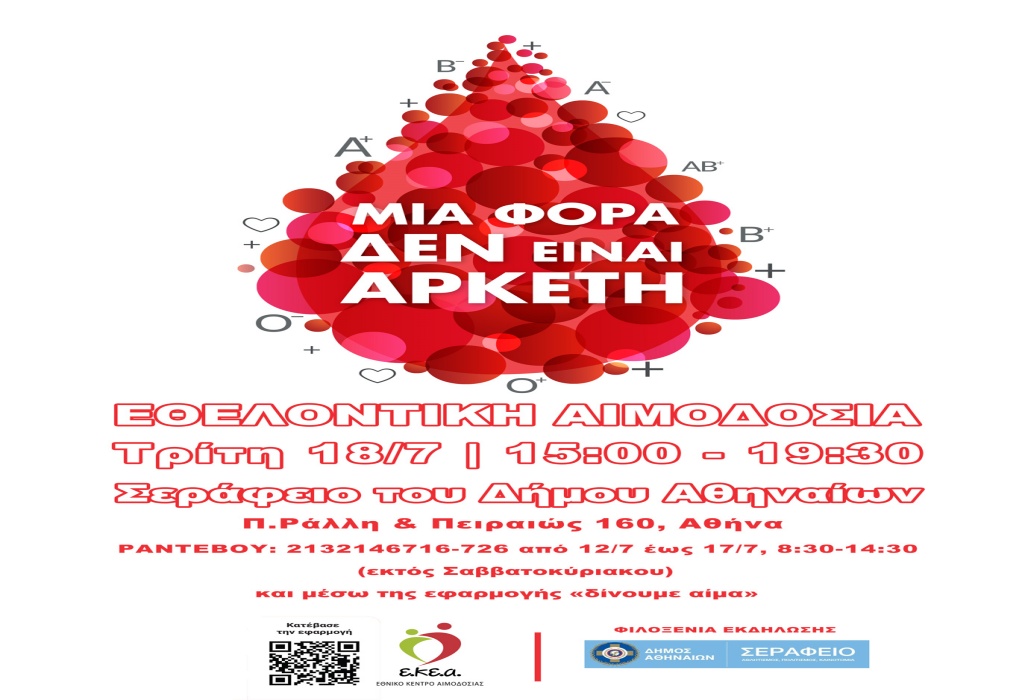 Δ. Αθηναίων: Καλοκαιρινή Εθελοντική Αιμοδοσία 18 Ιουλίου στο Σεράφειο